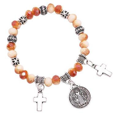 Imagem de Rosemarie Collections Pulseira feminina de elástico com contas de vidro facetadas religiosas com medalha de São Bento e pingentes de cruz, One Size, Metal