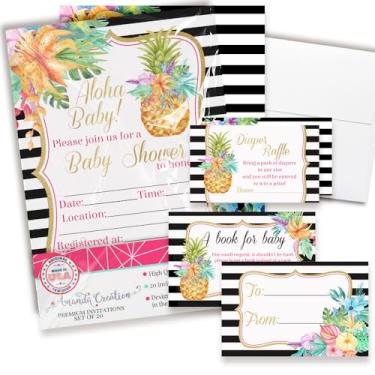 Imagem de Convites de chá de bebê para meninas – Pacote de convite para chá de bebê Aloha com ingressos de sorteio de fraldas, cartões de solicitação de livro e envelopes. Conjunto de 20 conjuntos de kits de