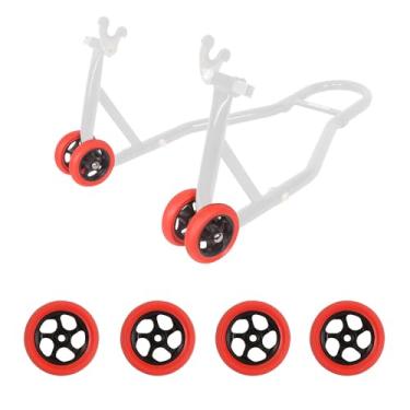 Imagem de MOTO4U Substituição de rodas de suporte de motocicleta para suporte de elevação dianteira, suporte traseiro, suporte de árvore tripla, suporte de braço oscilante de um lado, 4 peças, pneus vermelhos