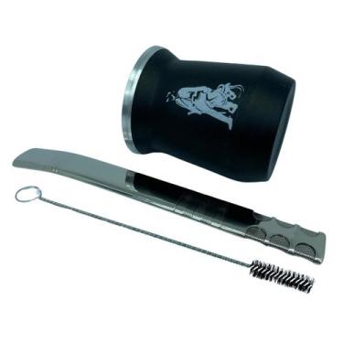 Imagem de Kit tereré cuia copo redondo 350ml alumínio parede dupla preto + bomba