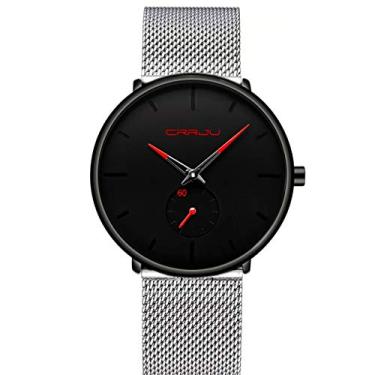 Imagem de FIZILI Relógios masculinos ultrafinos minimalistas à prova d'água – Relógio de pulso moderno masculino unissex com pulseira de malha de aço inoxidável, Vermelho, prata, Estilo minimalista moderno