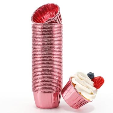 Imagem de TRUSBER Forros de cupcake de folha de ouro rosa, 100 peças de forros de muffin descartáveis, embalagens de 100 ml para assar, caixas de papel de muffin metálico, copos de cozimento