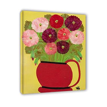 Imagem de JZSDGB Clementine Hunter Prints-Famous Paintings Wall Art Posters-Reprodução em tela-'Zinnias-emoldurado pronto para pendurar arte de parede em tela Imagens de paisagem para decoração de casa 50 x 65