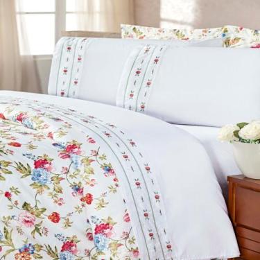 Imagem de Jogo de Cama Queen Belize Floral Azul e Vermelho Enxovais Aquarela 4 p