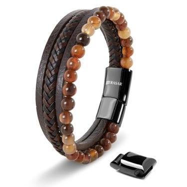 Imagem de SERASAR | Pulseira premium [Pedra] para homens em couro genuíno preto e marrom | Fecho magnético de aço inoxidável | Caixa de joias incluída | Ótima ideia de presente, 17cm, Couro, Sem Pedra Preciosa