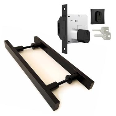 Imagem de Kit Puxador Porta de Correr 80cm Preto Duplo Alumínio + Fechadura Stam Completa Porta Correr Asa de Avião Roseta Quadrada