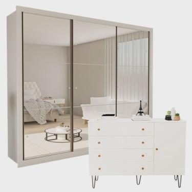 Imagem de Conjunto Guarda Roupa Casal Premium 242cm com Espelho 3 Portas e Cômoda 129,5cm 1 Porta 4 Gavetas