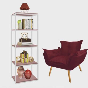 Imagem de Kit Poltrona Fatte com Estante Livreiro Ferro Branco mdf Rose Suede Bordô - Ahazzo Móveis