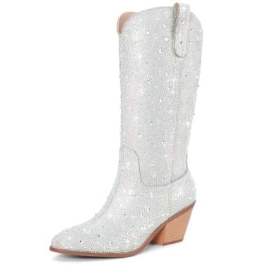 Imagem de RONILURN Botas femininas caubói cowgirl strass cano médio botas ocidentais brilhantes glitter bico fino salto grosso sem cadarço, Meia panturrilha multicolorida, 36