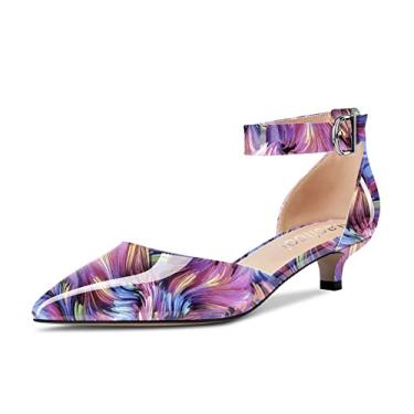 Imagem de Aachcol Sandália feminina de salto baixo com tira no tornozelo, bico fino, sapatos sociais, festa, escritório, casamento, 3,8 cm, Roxo, multicolorido, 42