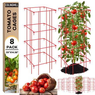 Imagem de Colingmill Pacote com 8 gaiolas de tomate 99 cm (A) Gaiolas quadradas resistentes de tomate revestidas com pó plantas de aço para suporte de treliça de jardim para pepino, ervilhas, vegetais