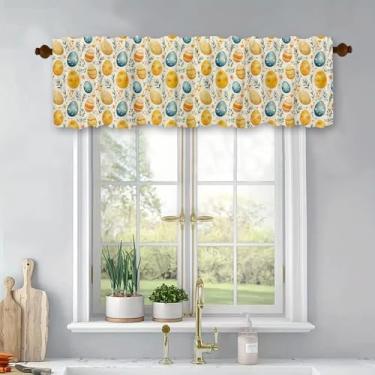 Imagem de Cortinas de cozinha curtas com flores de ovo de Páscoa amarelas para tratamento de janelas, cortinas blackout com bolso para varão, painel para banheiro, quarto, sala de estar, 137 x 45 cm