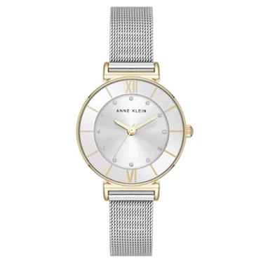 Imagem de Anne Klein Relógio feminino com pulseira de malha com detalhes brilhantes, Prata