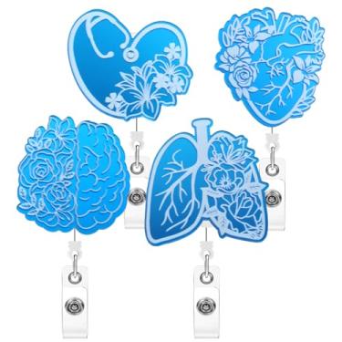 Imagem de Soleebee Pacote com 4 carretéis de crachá de enfermeira, porta-crachás retráteis de 60 cm com clipe de jacaré giratório de 360°, flores, coração, cérebro, pulmões, clipes para crachá para enfermeira