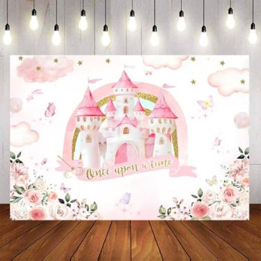 Imagem de Aumeko Decorações de pano de fundo de princesa 1º aniversário tema castelo ouro rosa faixa floral coroa glitter suprimentos de festa para meninas decorações de aniversário (2,1 m x 1,5 m)