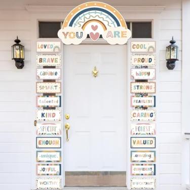 Imagem de gisgfim Boho Faixa de porta de sala de aula decoração de porta de afirmação positiva de volta às aulas, fundo motivacional com recortes de arco-íris para sala de aula, quadro de avisos, parede