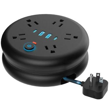 Imagem de DERJLY Filtro De Linha Retrátil Para Viagem: Protetor Contra Surtos De Energia Com Cabo De Extensão De 6 Pés - Filtro De Linha Portátil Com 5 Tomadas, 2 Portas Usb Inteligentes E 2 Portas Usb C Par