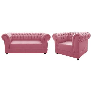 Imagem de Kit Poltrona e Namoradeira Chesterfield Ana Suede Rosa Bebê