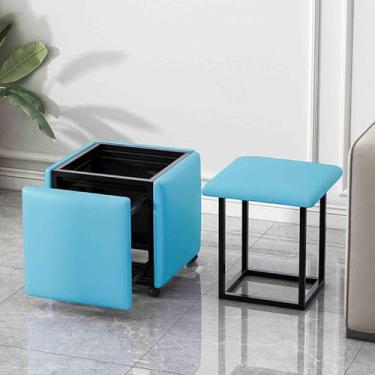 Imagem de 5 em 1 ninho de cadeira empilhável de fezes otomanos, bate -papo de cubo mágico para refeições em casa com assento de couro Nappa, estrutura de aço carbono e rodas, azul, 45x45x45 cm