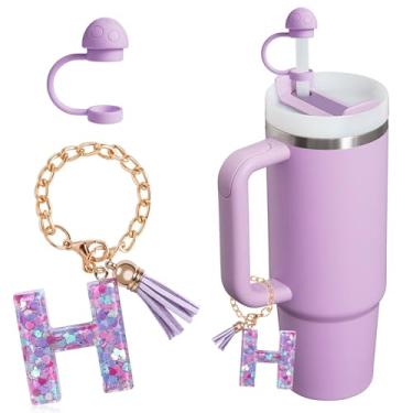 Imagem de HaimiLiya Capa de canudo com corrente de copo com letra inicial para acessórios Stanley Cup, tampa de palha de 10 mm, pingente de copo fofo, roxo