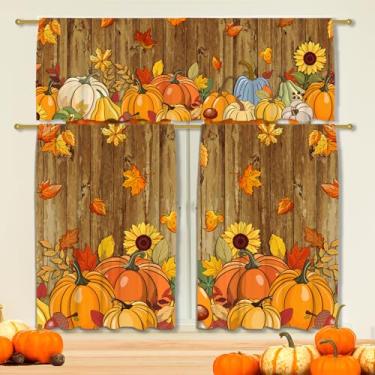 Imagem de Cortinas de cozinha vintage de outono de abóbora, 2 painéis rústicos de madeira (68 x 91 cm) + camada (137 x 45 cm) com bolso de haste, cortinas de decoração de outono para café, sala de estar