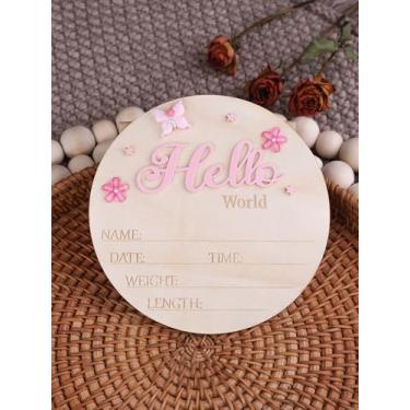 Imagem de Ylsteed Placa de anúncio de bebê com nome de madeira Hello World, placa de anúncio de nascimento para recém-nascido, adereços de fotografia para chá de bebê, hospital, berçário para meninos e meninas