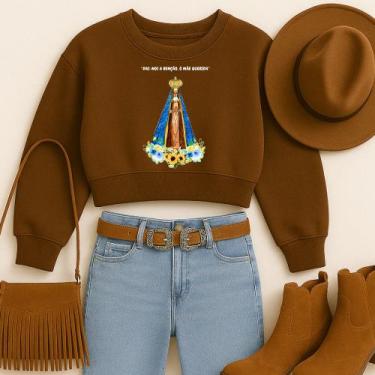Imagem de Cropped Moletom Country Estampa Dai Nos A Benção Ó Mãe Querida Católic
