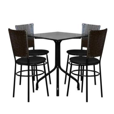Imagem de Conjunto Mesa Quadrada 70cm Preta Com 4 Cadeiras Junco Café - Lamar De