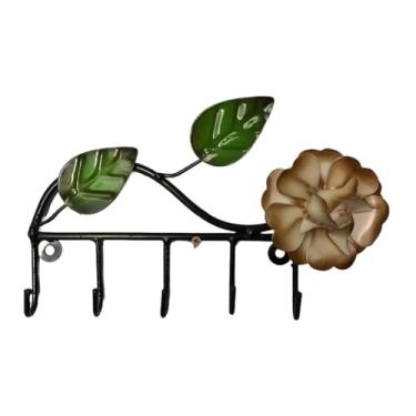 Imagem de Cabide Porta Chaves Em Ferro Com Flor 5 Ganchos (Branco - Dourado)