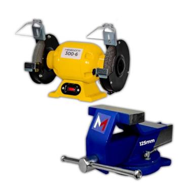 Imagem de Menegotti Morsa Nº 5 Sem Mordente + Motoesmeril - 300W 6" com Base Giratória Reforçada | para Bancada de Aço, Oficina e Afiar Ferramentas Semiprofissional e Profissional Kit