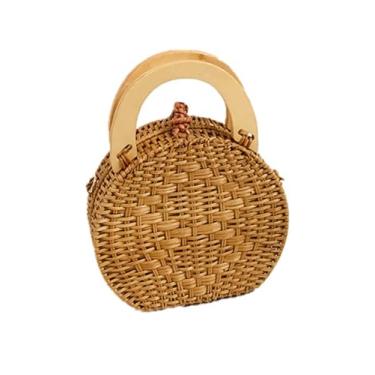 Imagem de SHAREYOIU Bolsa de pérola vintage feita à mão com ombros de vime, bolsas de tecido estilo praia bolsas de palha, E