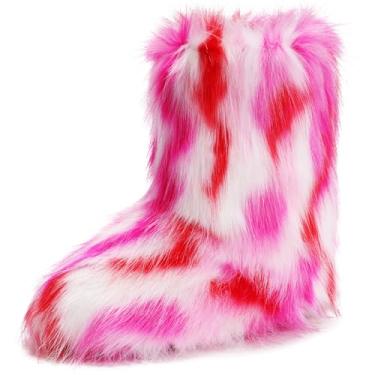 Imagem de IXU Bota feminina de pele sintética, bico redondo, felpudo, bico redondo, camurça, neve, inverno, confortável, confortável, quente, curta, para uso externo, para uso interno, botas de cano médio,