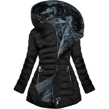 Imagem de Casacos Femininos Forrado De Lã Jaqueta Grossa Térmica Casaco Feminino Com Capuz Zíper Jaqueta Acolchoada Casaco Acolchoado Jaquetas De Inverno Femininas Casaco Acolchoado Gro, Vert, L