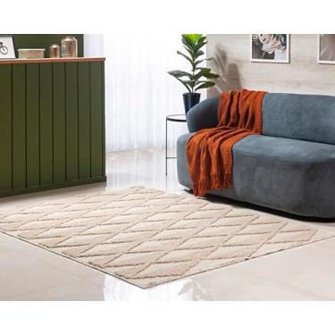 Imagem de Tapete Sala, Quarto, Escritório 3D Pelo em Shagy Alto Relevo, Antiderrapante Base Emborrada Jazz (Losango Perola, 1,50m x 1,00m)