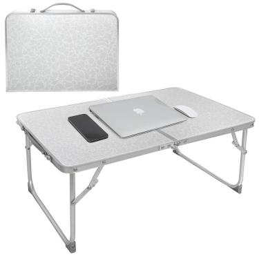 Imagem de Mesa Dobravel Sofa Cama Notebook Aluminio Vira Maleta Portatil Suporte Home Office Refeicao Estudos Tampo Madeira Luxo