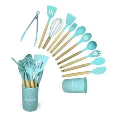 Imagem de Concha Escumadeira Jogo  Colheres E Talheres Silicone 12 peças, Azul P