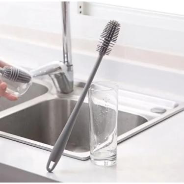 Imagem de Escova Longa de Silicone para Lavar Garrafas, Copos e Mamadeiras, Cinza, 33cm, Multiuso, Kit com 2 Unidades