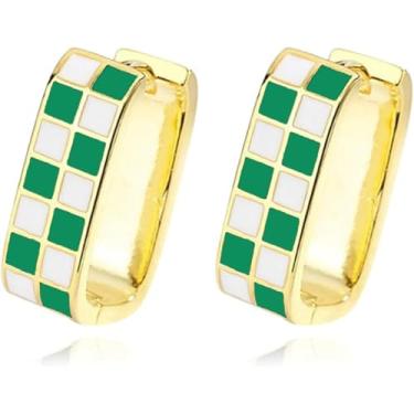 Imagem de Brincos de argola ovais grossos xadrez para mulheres, ouro 14 quilates, minimalista, minúsculo, branco, preto, esmaltado, redondo, xadrez, joias modernas, presentes de Natal, Medium, Metal, Sem pedra