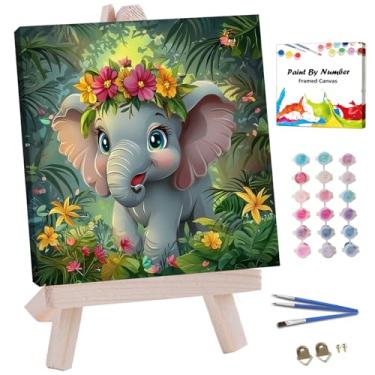 Imagem de JUJUHOOD Kit de pintura emoldurada de elefante de desenho animado por números para adultos iniciantes e crianças de 8 a 12 anos, pintura animal por número sem cavalete, tinta acílica por números para