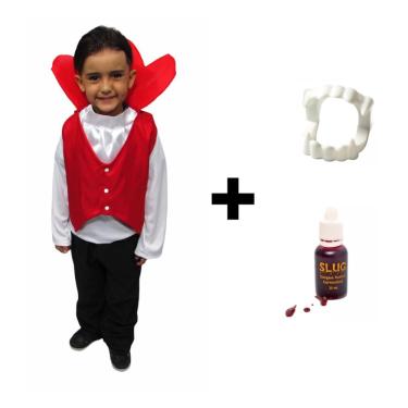 Imagem de Fantasia Halloween Infantil Vampiro Completo Menino Conde Drácula com Sangue e Dentadura Dia das Bruxas