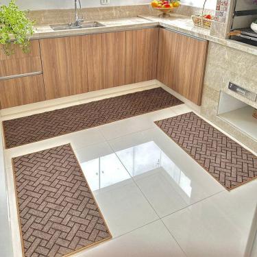 Imagem de Tapete Carpete Passadeira Cozinha Trama Jogo 3 Peças Marrom