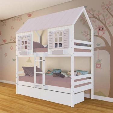 Imagem de Beliche Casinha Bela com 2 Gavetas - Madeira Maciça Branco/Rosa | Megamobilia