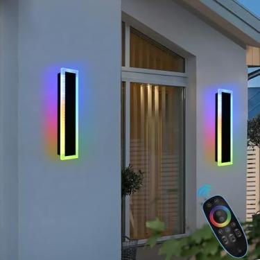 Imagem de Pacote com 2 luminárias para varanda externa, luzes de parede externas RGB modernas de LED RGB, luzes de arandela de parede de 61 cm, luminárias externas lineares de LED longas reguláveis com controle