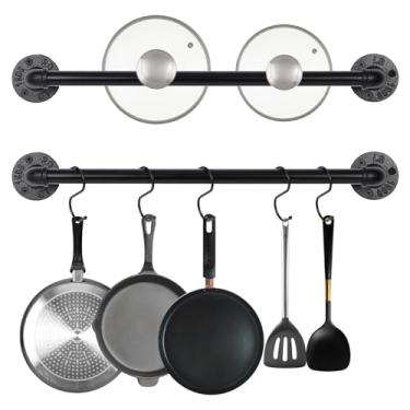 Imagem de mekueeex Rack de panela de tubo industrial de 53 cm (pacote com 2), cabides de parede para cozinha, com 10 ganchos S