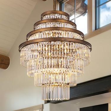 Imagem de Wellmet Lustre de cristal grande, lustre de luxo de 7 camadas, luz pendente de cristal dourado antigo para sala de estar, sala de jantar, varanda, entrada, corredor, restaurante, 78 cm de largura