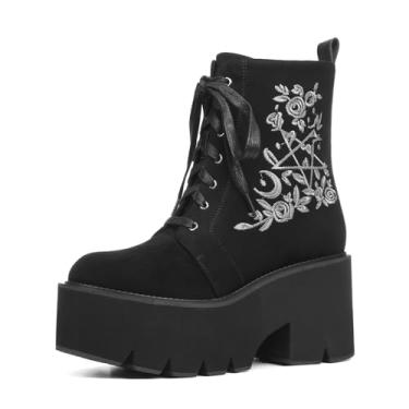 Imagem de Lyrisiphy Botas femininas góticas de cano curto, plataforma preta, com correntes punk e tachas com cadarço, botas de cunha para mulheres, rave, festivais de Halloween, Camurça preta, 40