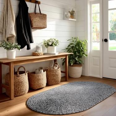 Imagem de Tapete trançado preto, branco, 5 cm x 7 cm, oval, para ambientes internos e externos para entrada, cozinha, banheiro - Feito nos EUA