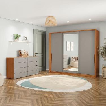 Imagem de Conjunto Cômoda 8 Gavetas com Guarda Roupa 3 Portas Correr com Espelho Porto Cinza/Freijó