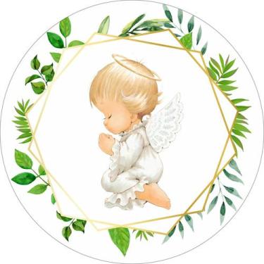 Imagem de Painel de Tecido Sublimado Redondo Anjinho Rezando Folhagem Aros Doura