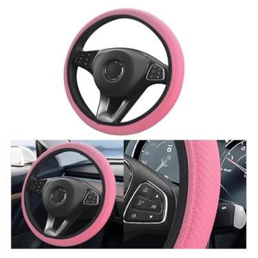 Imagem de Wuyaoyao Capa de volante de couro, antiderrapante, protetor de volante de carro, envoltório universal para rodas de 38 cm, acessórios de decoração de interiores de carro para mulheres e homens (rosa)